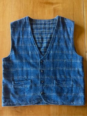Blue Plaid Vintage Button-Front Reversible Vest
